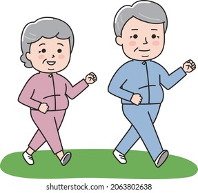 The Elderly Chubby Couple Diet To Lose Weight By Walking. Vector Illustration On A White Background.