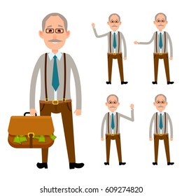 Elderly close up person holding bag with money and his four full length portraits with waving hands. Vector colorful poster with white background of man small icon collection and big picture