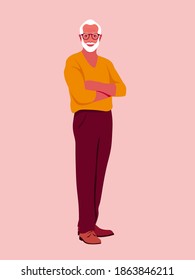 An elderly confident man stands at full height. Grandfather crosses his arms and smiles. Happy old age. Vector flat illustration