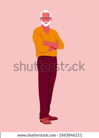 An elderly confident man stands at full height. Grandfather crosses his arms and smiles. Happy old age. Vector flat illustration