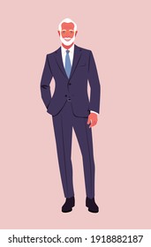 An elderly confident man wearing in a business suit stands at full height. A stylish grandfather is smiling. Happy old age. Vector flat illustration