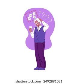 Elderly confused man with glasses reads notes and trying remember, memory loss. Alzheimer illness disease old male patient. Cartoon vector brain disease amnesia and dementia grandfather character