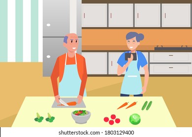 Elderly cooking vector concept: Old couple looking at the recipe on the internet from their mobile phone while cooking