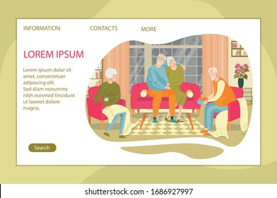 Elderly Couple Accept Good Friend in Living Room. Grey Haired Man and Woman Spend Time Together in Room. Husband and Wife Hugging on Couch, their Guest Sitting in Chair, Old Man Hold Cookie in Hand.