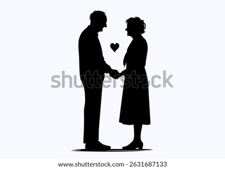 Elderly couple of advanced age looking at each other tenderly and holding hands black and white vector silhouette. Vector illustration, icon. Silhouettes of men and women of advanced age. Pensioners