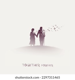 Elderly couple. Afterlife. Flying swallows flock. Isolated silhouette