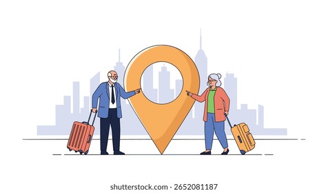 Elderly couple arriving at new destination with luggage near a large location pin