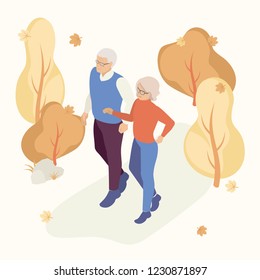 Elderly couple in the autumn park having fun, walking. Concept for a landing page, web design