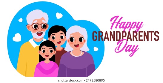 Elderly couple banner, portrait of happy grandparents with grandchildren