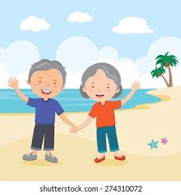 Elderly couple at the beach. Elderly couple holding hands walking on the beach smiling and gesturing.