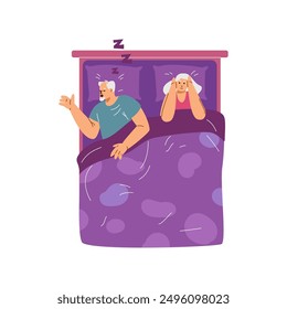 Elderly couple in bed at night. Snoring, insomnia, bad sleep concept. Cartoon annoyed stressed woman suffering from insomnia because of snoring husband and covering ears. Vector flat illustration