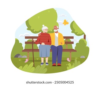 Elderly couple at bench. Old man and woman relaxing in city park. Grandfather and grandmother on romantic date. Love and romance. Flat vector illustration isolated on white background