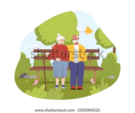 Elderly couple at bench. Old man and woman relaxing in city park. Grandfather and grandmother on romantic date. Love and romance. Flat vector illustration isolated on white background