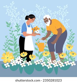 Elderly couple, biracial family, tending the garden and plants