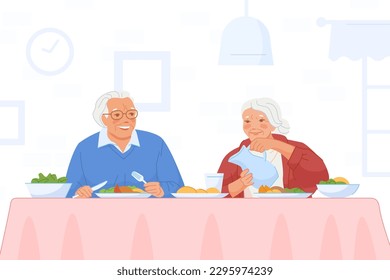 Elderly couple breakfast. Senior woman elder man eating health food at kitchen table, grandmother with grandfather eat dinner in dining, happy grandparent vector illustration of breakfast for couple