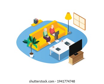 Elderly couple browsing the internet isometric 3d vector concept for banner, website, illustration, landing page, flyer, etc.