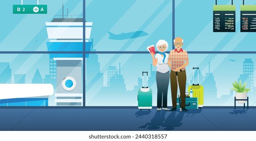 An elderly couple buys plane tickets to go on vacation.