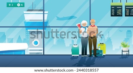 An elderly couple buys plane tickets to go on vacation.