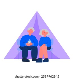 elderly couple camping, outdoor adventure flat vector illustration