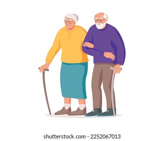 Elderly couple with cane. Old man and woman standing and smiling together. Grandfather and grandmother vector illustration. Design for poster, landing, infographic