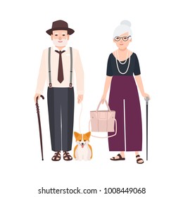 Elderly couple with canes and pet dog on leash. Pair of old man and woman dressed in elegant clothes walking together. Grandfather and grandmother. Flat cartoon characters. Vector illustration.