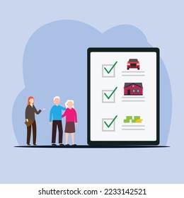 Elderly couple with car house savings investment 2d vector illustration concept for banner, website, illustration, landing page, flyer, etc