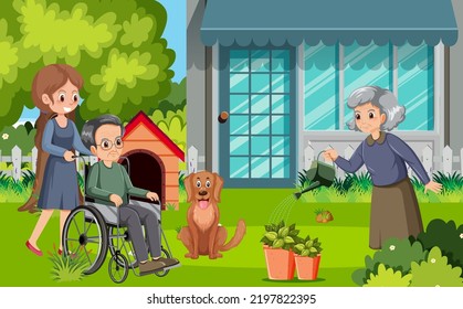 Elderly couple and caregiver at backyard illustration