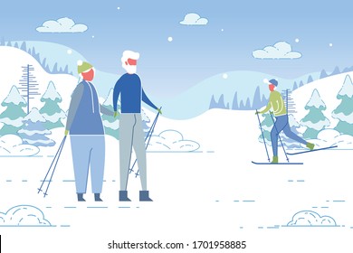 Elderly Couple Cartoon Characters at Ski Mountain Resort Background. Winter Landscape with Senior People Leading Healthy Active Lifestyle and Enjoying Retirement Age. Flat Vector Illustration.