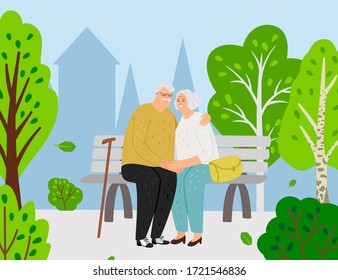 Elderly Couple. Cartoon Old Woman Man Sitting On Bench In City Park. Happy Grandparents Vector Illustration