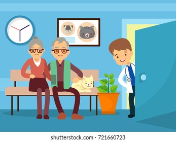 Elderly couple and cat at veterinarian. Veterinary clinic, vector illustration