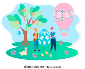 An elderly couple celebrates Easter, Easter egg hunt, Easter Bunny hiding behind eggs