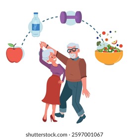 elderly couple celebrating healthy life, icons of balanced life in old age, nutrition, vector illustration.