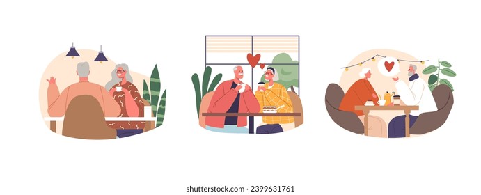 Personajes De Pareja De Ancianos En Un Acogedor Café. Las Personas Mayores Beben Té, Comparten Glances Tendientes Y Risas, Ilustración Vectorial