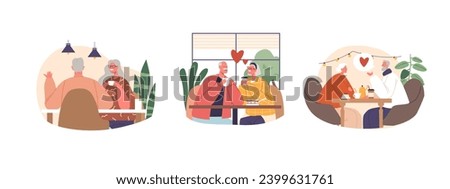 Elderly Couple Characters In A Cozy Cafe. Old People Drink Tea, Share Tender Glances, And Laughter, Vector Illustration