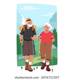 Personajes De Pareja De Ancianos Que Participan En Actividades De Marcha Nórdica. Personas Felices Y Enérgicas Disfrutando De Caminata En Paisaje Pintoresco. Bienestar, Fitness Y Alegrías De Envejecer Activamente. Ilustración vectorial de dibujos animados