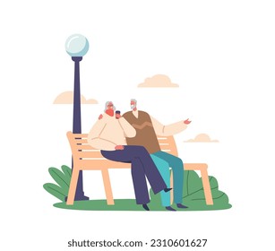 Elderly Couple Characters Enjoying A Moment Together On A Park Bench, Sipping Coffee And Sharing Warmth, Love