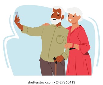 Elderly Couple Characters Joyfully Embracing Technology, Smiles At A Smartphone, Capturing A Selfie Moment Together, Their Faces Alight With Happiness And Curiosity. Cartoon People Vector Illustration