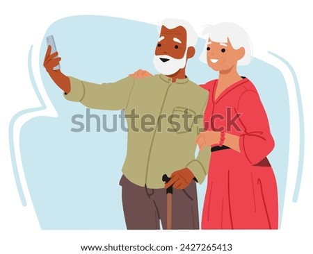 Elderly Couple Characters Joyfully Embracing Technology, Smiles At A Smartphone, Capturing A Selfie Moment Together, Their Faces Alight With Happiness And Curiosity. Cartoon People Vector Illustration