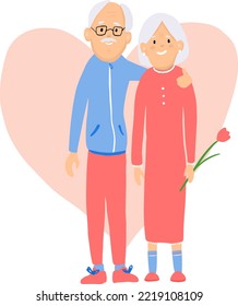 Elderly couple characters in love. Grandparents Day. Vector illustration. Holiday family card. Grandfather, grandmother