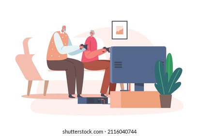 Elderly Couple Characters Playing Video Game Holding Joysticks. Happy Senior Man, Woman Having Fun Hanging Out With Modern Entertainment Gadget. Grey-haired People Gamers. Cartoon Vector Illustration