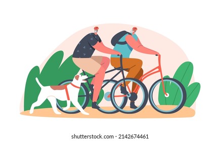 Elderly Couple Characters Riding Bicycle With Dog at City Park. Happy Smiling Mature Man and Woman Spending Time Together Having Outdoor Activity with Pet. Cartoon People Vector Illustration