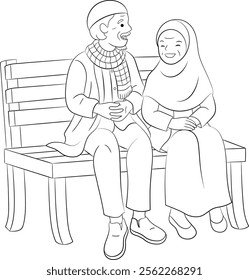 An elderly couple is chatting happily on a park bench black and white vector line art illustration