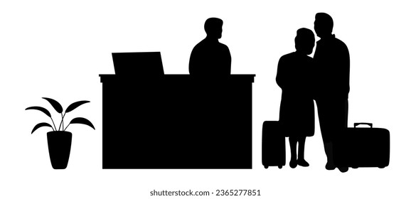 “SHOTLISTS3niorLife”. A elderly couple check in or check out at the hotel reception. Traveler full body silhouettes. Elderly couple, receptionist, seniors with suitcase, tourist, voyage. Black vector 