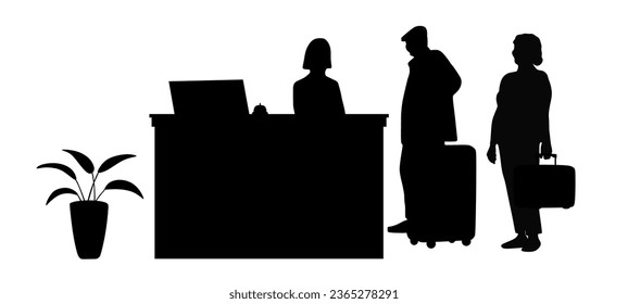 “SHOTLISTS3niorLife”. A elderly couple check in or check out at the hotel reception. Traveler full body silhouettes. Elderly couple, receptionist, seniors with suitcase, tourist, voyage. Black vector 