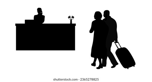 “SHOTLISTtravel”. A elderly couple check in or check out at the hotel reception. Elderly couple, receptionist, seniors with suitcase, tourist. 