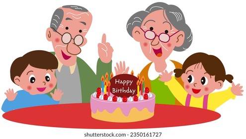 Elderly couple and children celebrating birthday
