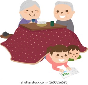 Elderly couple and children warmed by a kotatsu in winter.