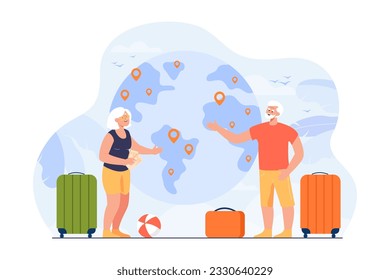 Elderly couple choosing vacation destination vector illustration. Cartoon drawing of happy old people with luggage and globe with location pins. Senior life, traveling, relaxation, retirement concept