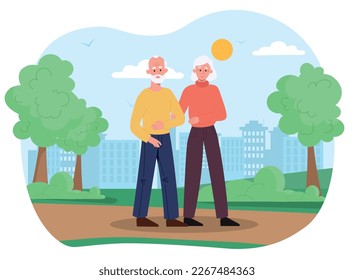 Elderly couple in city park. Grandfather and grandmother on walk on spring or summer sunny day. Happy family on romantic date. Weekends and activity, leisure. Cartoon flat vector illustration