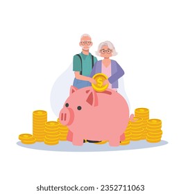 Elderly Couple Collecting Money in Piggy Bank for Retirement Savings. Mature Couple Saving Money Together in Piggy Bank.